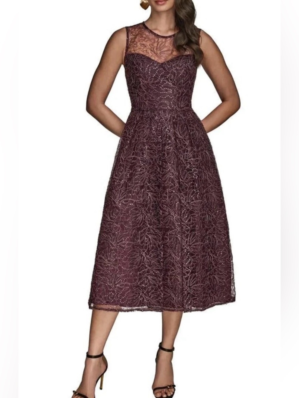 Donna Karan New York Plum Lace Sequin A-Line Formal Midi Dress Zip Lined 10